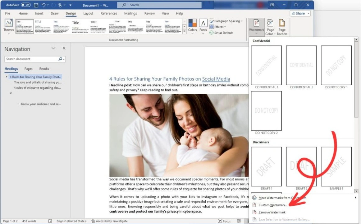 how to add watermark in word